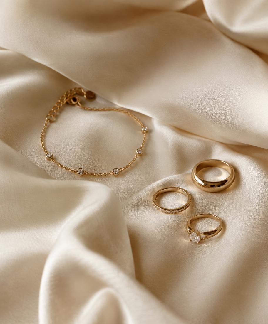 Anéis e bracelete dourados sobre seda creme